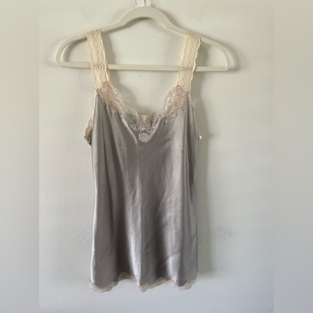 VTG JONQUIL 100% Silk Lace Cami Top Size M Y2K Babydoll Tunic Gray